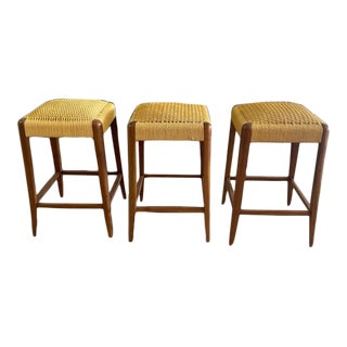 McGuire Walnut Counter Stools With Woven Seats - Set of 3 For Sale