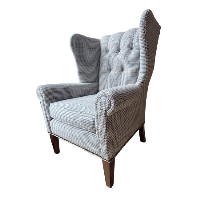 Custom Tufted Navy Blue, Gray, Light Blue Hounds-Tooth Wingback Chair in Schumacher For Sale