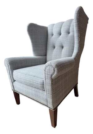 Custom Tufted Navy Blue, Gray, Light Blue Hounds-Tooth Wingback Chair in Schumacher