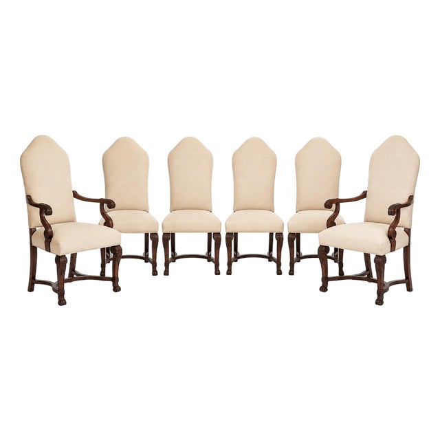 Vintage Walnut Regency Dining Chairs, Set of Six With Custom Linen Upholstery For Sale