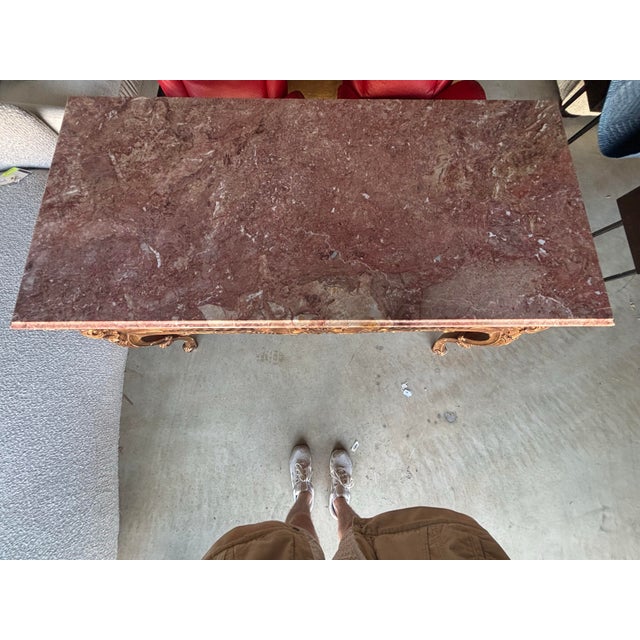 Rococo Late 19th Century Louis XIV-style Gilded Wood and Pink Marble Top Console Table For Sale - Image 3 of 9