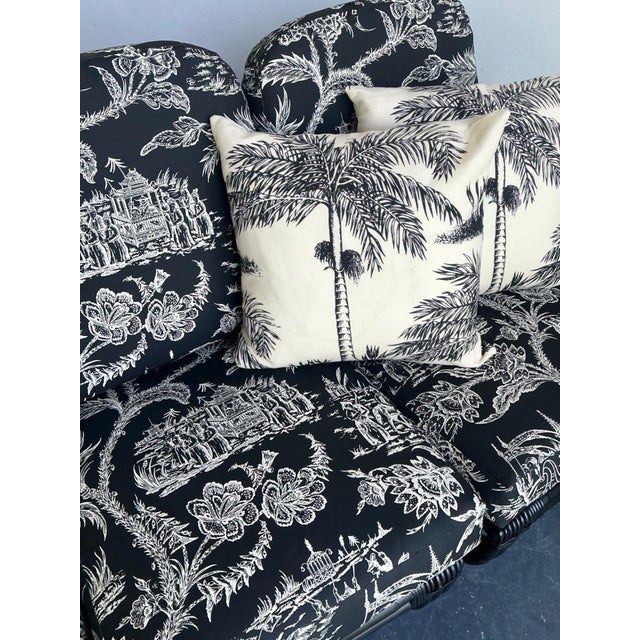 Black Vintage Black Rattan Sofa in Quadrille “Royal Journey” For Sale - Image 8 of 18