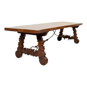 Mid-19th Century Spanish Catalan Carved Oak Dining Trestle Table With Hand Forged Iron Stretcher
