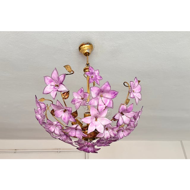 1980s Italian Style Hand-Painted Pink and Purple Murano Glass Floral Chandelier - 4-Light⁠ For Sale - Image 12 of 18