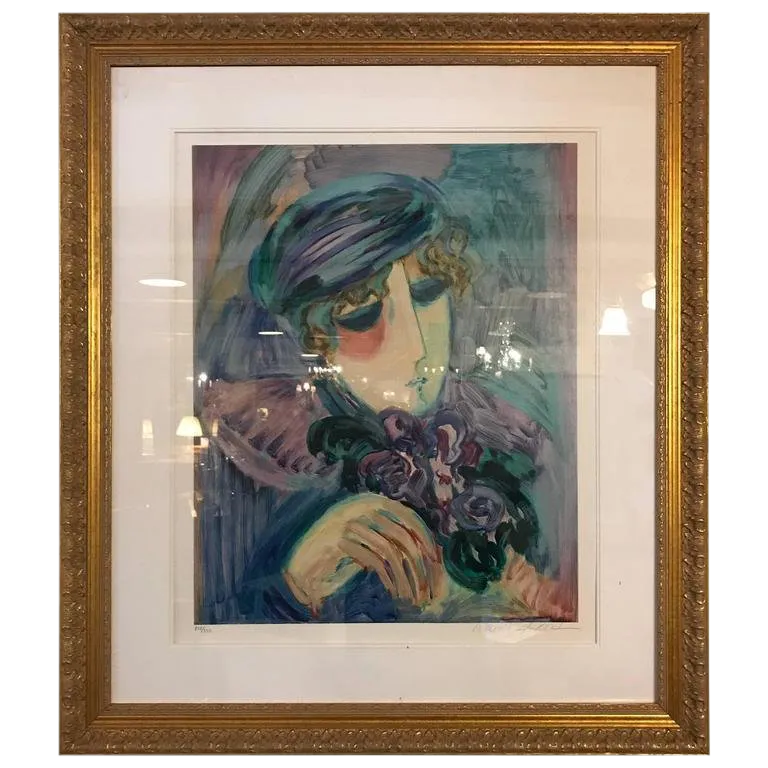 Finely Framed and Matted Lithograph by Barbara Wood Woman With Hat