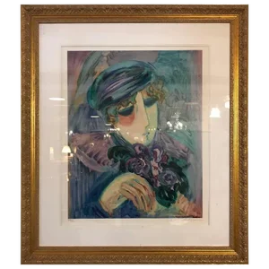 Finely Framed and Matted Lithograph by Barbara Wood Woman With Hat and Flowers