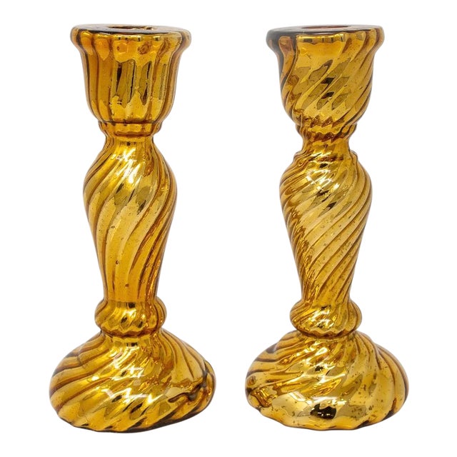 19th Century Gold Fluted Mercury Glass Candlesticks - Pair For Sale