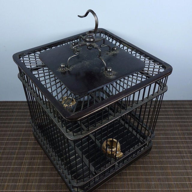 Chinese Vintage Chinese Ebony Wood Bird Cage With Brass Inlay and Porcelain Feeders For Sale - Image 3 of 8