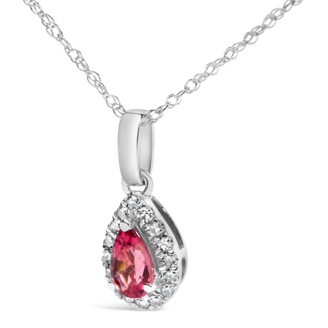 Contemporary 10K White Gold 5x3mm Pink Tourmaline and Diamond Accent Halo Pear Shape 18" Pendant Necklace (I-J Color, I1-I2 Clarity) For Sale - Image 3 of 5