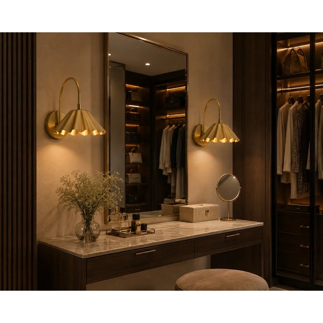 Handcrafted Brass Scalloped Wall Sconce, Fluted Shade Vanity & Bedroom Wall Light For Sale - Image 4 of 10