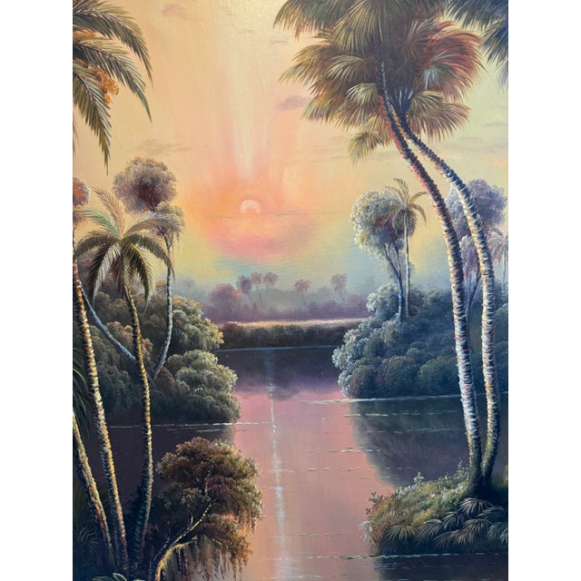 Large Original Oil Painting, Tropical Landscape With Palms, Signed Vitaly For Sale - Image 10 of 12