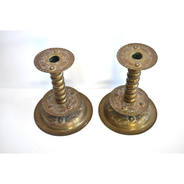 Pair of Antique 17th-Century Swedish Hammered Brass Candlesticks For Sale - Image 4 of 7