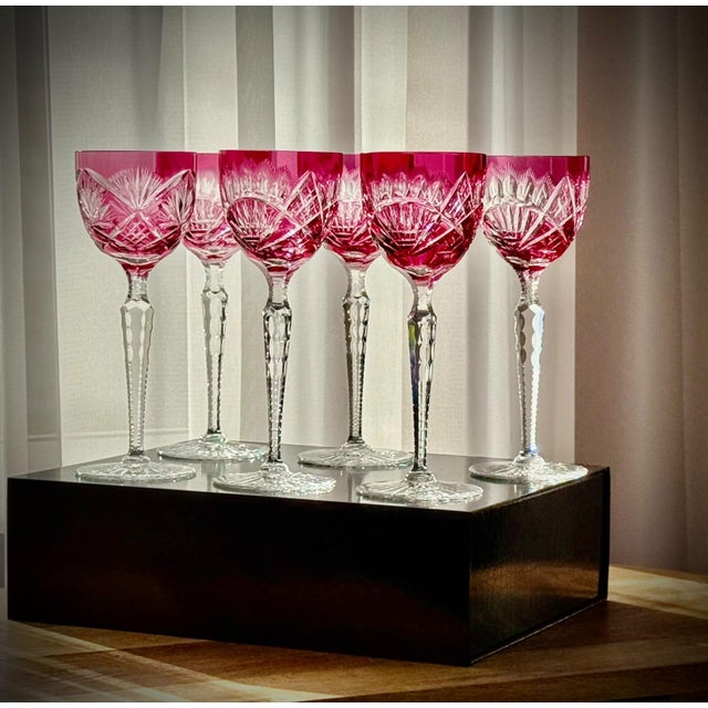Ruby Cut Crystal Hock Glasses with Peacock and Starburst Cutting, 1950, Set of 6 For Sale - Image 15 of 18
