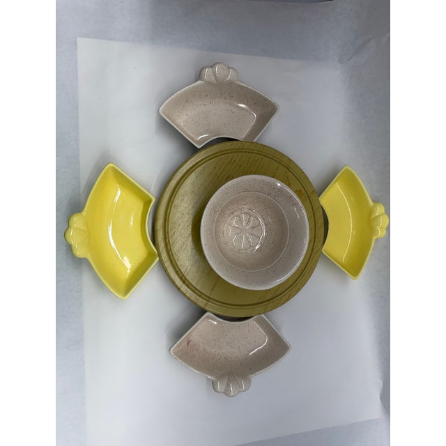 Vintage Mid-Century Modern Yellow & Speckled Ceramic Lazy Susan Hostess Snack Set With Wooden Base - 6 pcs For Sale - Image 4 of 10