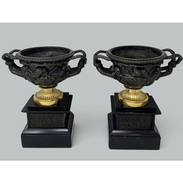 Mid 19th Century Antique Pair French Ormolu Bronze Warwick Albani Grand Tour Vases Urns Clodion For Sale - Image 5 of 12