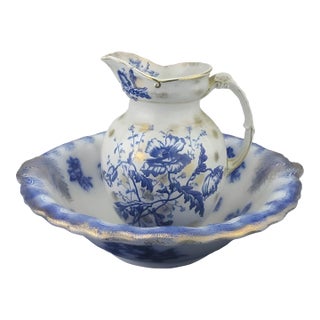 Antique Flow Blue Wash Set | F. Winkle & Co. Pitcher & w.h. Grindley Basin | Stoke-on-Trent, England | Late 19th Century For Sale