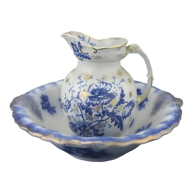 Antique Flow Blue Wash Set | F. Winkle & Co. Pitcher & w.h. Grindley Basin | Stoke-on-Trent, England | Late 19th Century For Sale