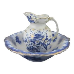 Antique Flow Blue Wash Set | F. Winkle & Co. Pitcher & w.h. Grindley Basin | Stoke-on-Trent, England | Late 19th Century
