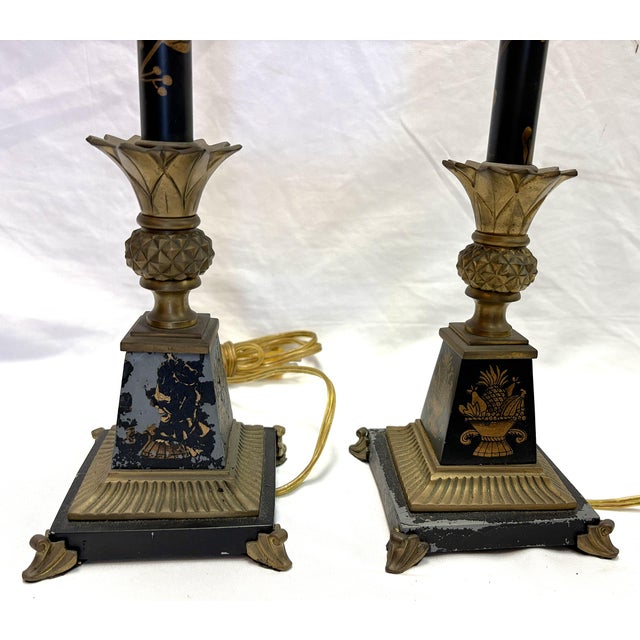 Black Vintage French Tole and Brass Candlestick Lamps With Pineapple Motif- A Pair For Sale - Image 8 of 18