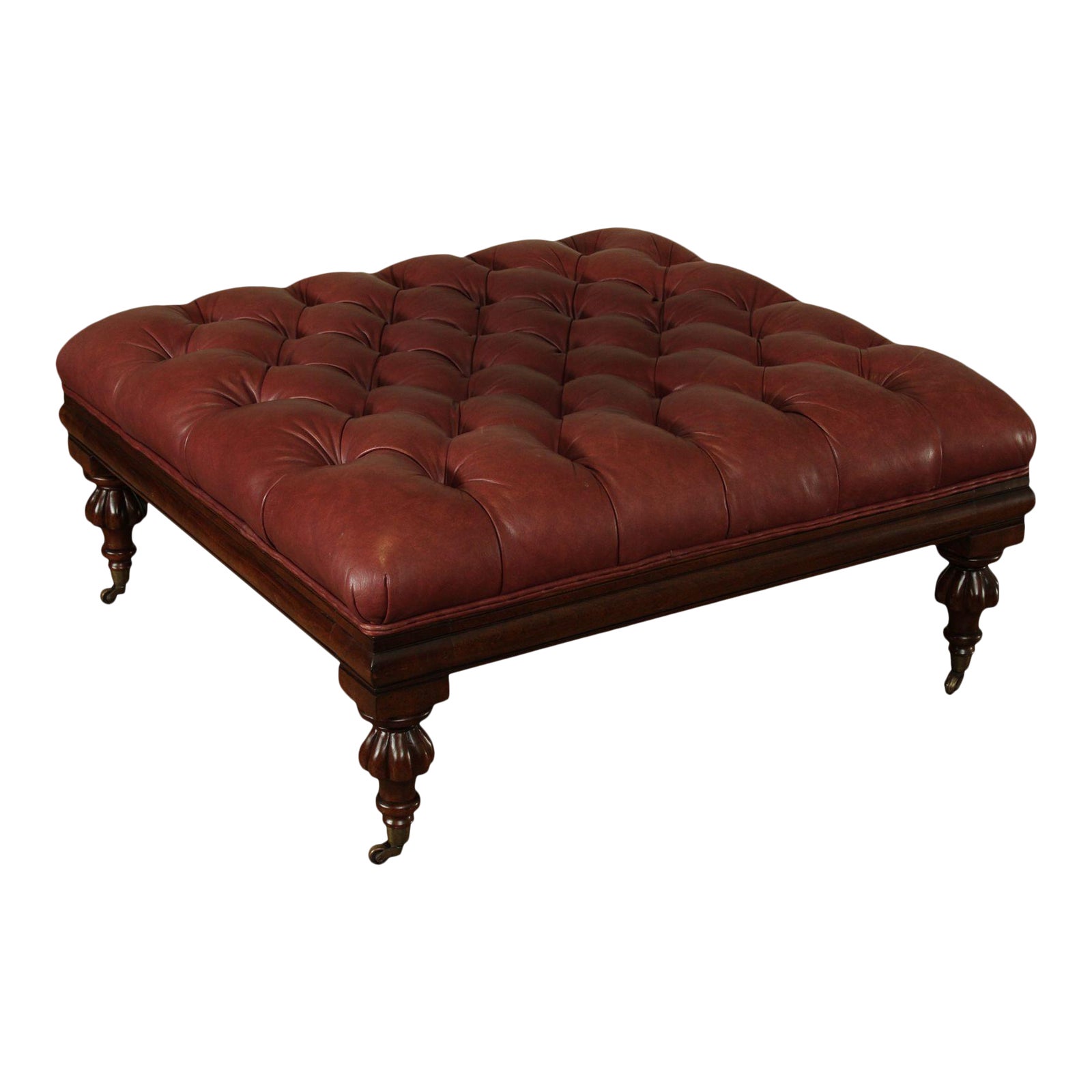 Henredon 40" Square Tufted Leather Regency Style Ottoman Chairish