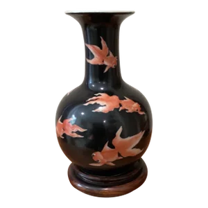 Early 20th Century Antique Large Chinese Vase Hand Painted Black Background Orange Coy Fish With Wood Stand