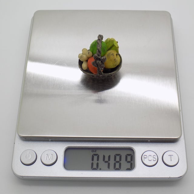 Silver Vintage Italian Handmade Genuine Silver & Salt Dough Fruit Basket Dollhouse Miniature Made in Tuscany 1970s For Sale - Image 8 of 9