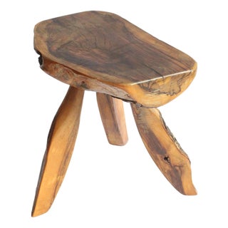 Brutalist Carved Wooden Tripod Stool with Bark, 1950s For Sale