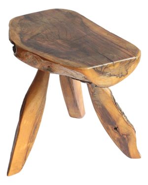 Brutalist Carved Wooden Tripod Stool with Bark, 1950s