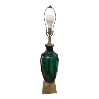 Vintage Green Crackle Glass Table Lamp With Brass Base For Sale