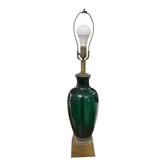 Vintage Green Crackle Glass Table Lamp With Brass Base For Sale