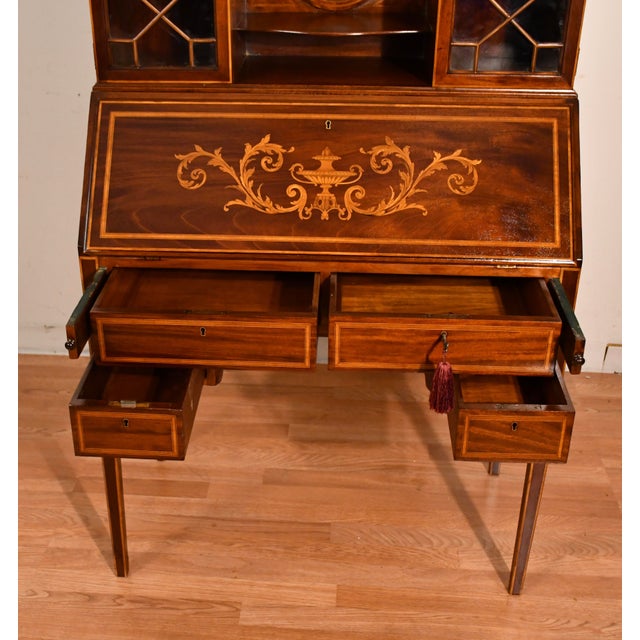 1900s Antique English Edwardian Mahogany & Satinwood Inlay Secretary Desk Writing Desk For Sale - Image 11 of 18