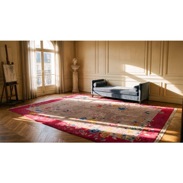 1920s Tan Ecru Floral Antique Chinese Art Deco Rug 8'8' 'X 11'6'' Knotted Wool Carpet For Sale - Image 10 of 12