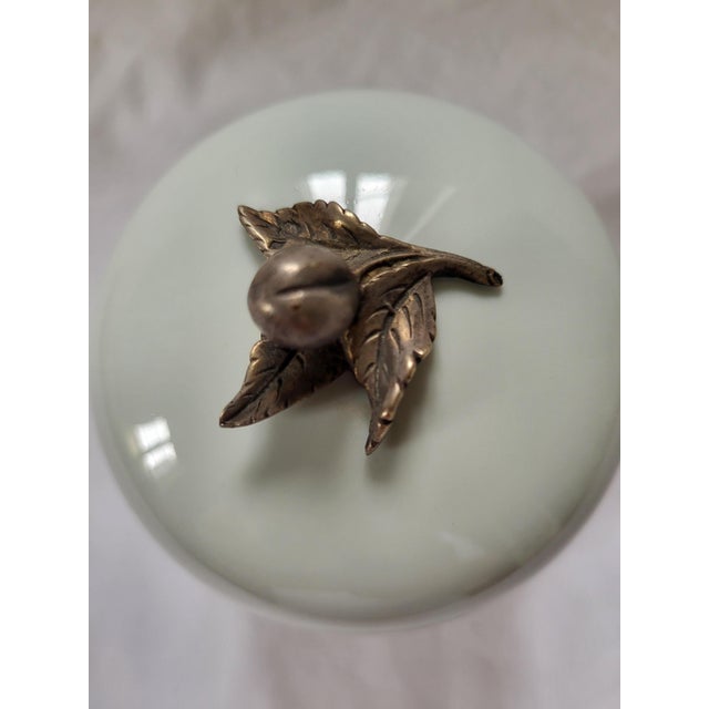 Vintage Celadon Porcelain Lidded Pot and Saucer with Bronze Hazelnut from Royal Limoges, 1960s, Set of 2 For Sale - Image 4 of 9