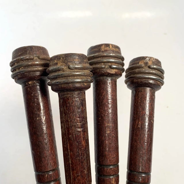 Farmhouse Mid-20th Century Wood and Metal Dark Brown Industrial Textile Quills Set of 4 For Sale - Image 3 of 7