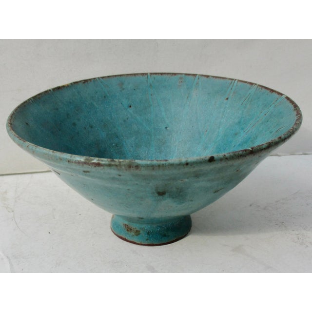 Ceramic Teal Blue Glazed Art Bowl Circa 1990s For Sale - Image 7 of 8