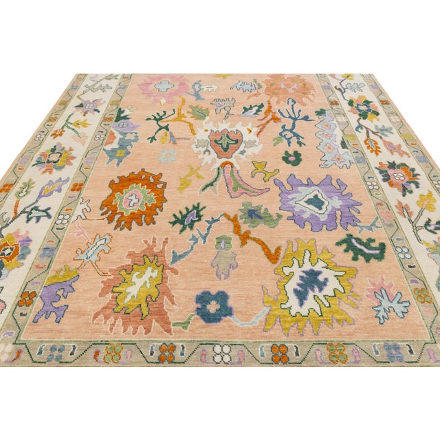Peach Contemporary Hand-Knotted Oushak Style Wool Rug in Soft Peach, Lavender & Ochre For Sale - Image 8 of 12