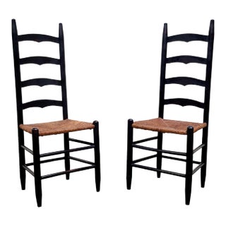 Vintage Black French Country Ladderback Rush Seat Dining Chairs - Pair For Sale