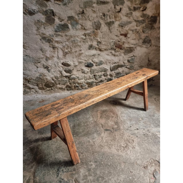 Antique Wooden Bench with Pine Seat and Chestnut Base, 1890s For Sale - Image 6 of 11
