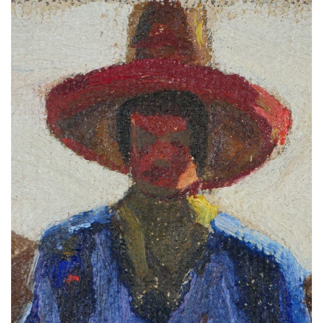 Blue, red, and brown abstract impressionist painting by Texas artist Fred Darge. The painting depicts a cowboy wearing a...