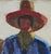 Blue, red, and brown abstract impressionist painting by Texas artist Fred Darge. The painting depicts a cowboy wearing a...