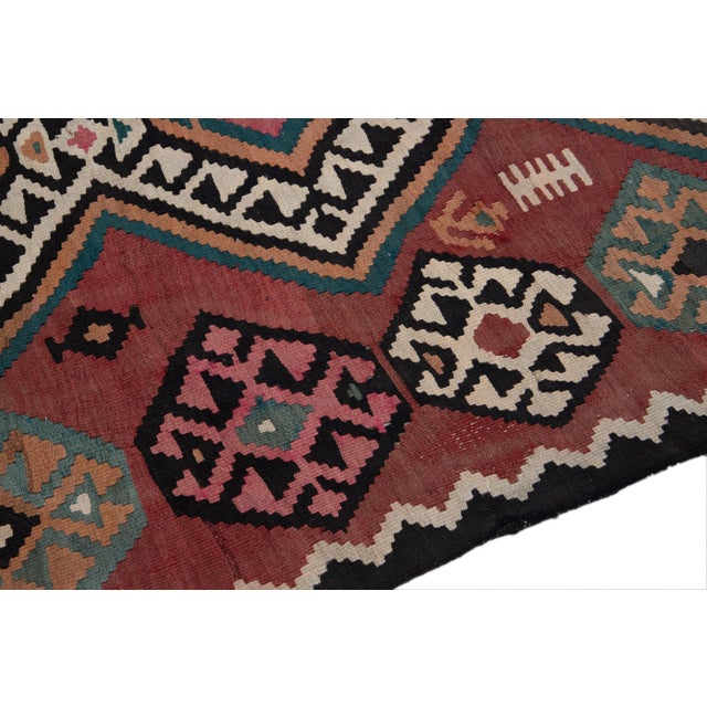 Textile Vintage Kilim Red Handmade Flatweave Tribal Motif Wool Runner For Sale - Image 7 of 11