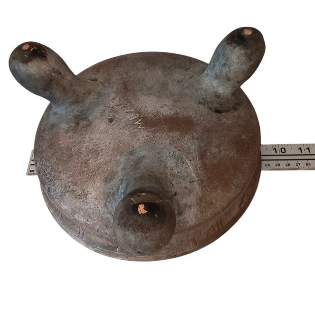 Vintage Mexico Pottery Footed Pedestal Bowl Planter Blue Green Gray Brown Mayan Aztec Design For Sale - Image 15 of 15