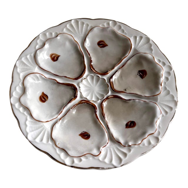 Antique Oyster Plate – Molded Shell Design, Hand-Painted Brown Accents For Sale