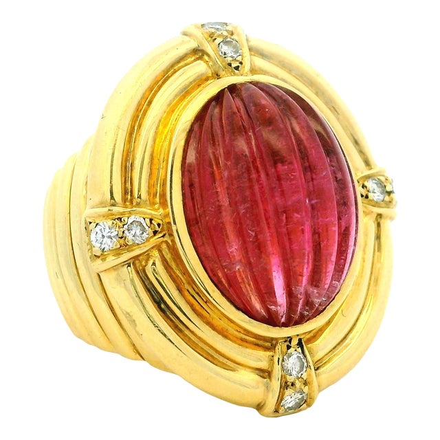 Vintage Italian 18k Gold Carved Rubellite Tourmaline Diamond Bombe Ring, Size 7 For Sale