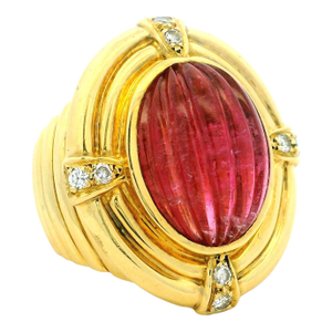 Vintage Italian 18k Gold Carved Rubellite Tourmaline Diamond Bombe Ring, Size 7