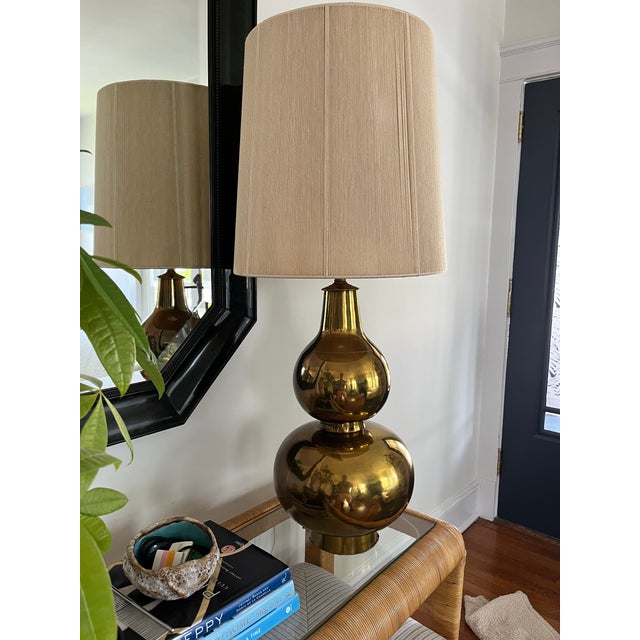 Beautiful Mid Century double gourd lamp in the manner of Karl Springer. Large size with great impact. String drum shade...