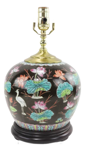 Dark Brown Famille Rose Porcelain Table Lamp With Lotus and Crane Decoration