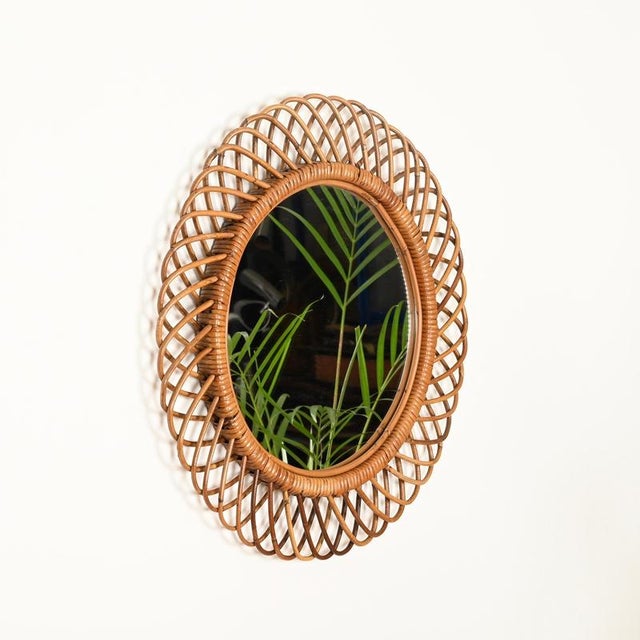 Franco Albini Mid-Century Round Mirror in Rattan and Wicker from Franco Albini, Italy, 1970s For Sale - Image 4 of 11