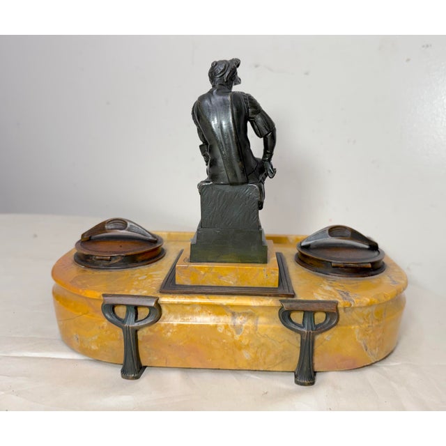 Antique French Solid Siena Marble Bronze Lorenzo De Medicis Statue Desk Inkwell For Sale - Image 12 of 18
