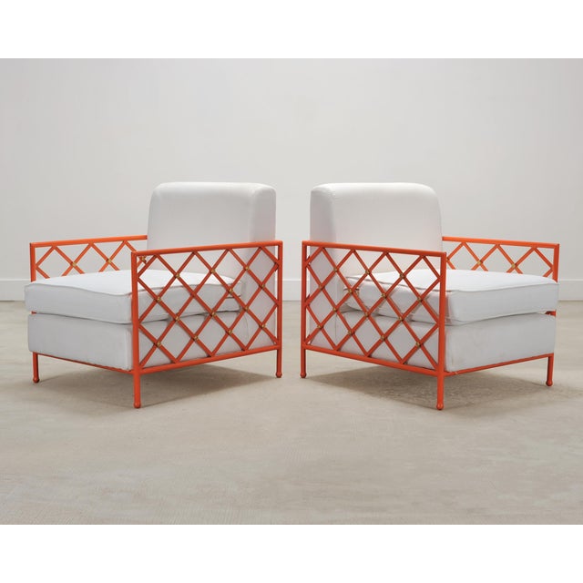Pair of French Maison Jean Orange Iron Lattice Lounge Chairs For Sale - Image 12 of 18